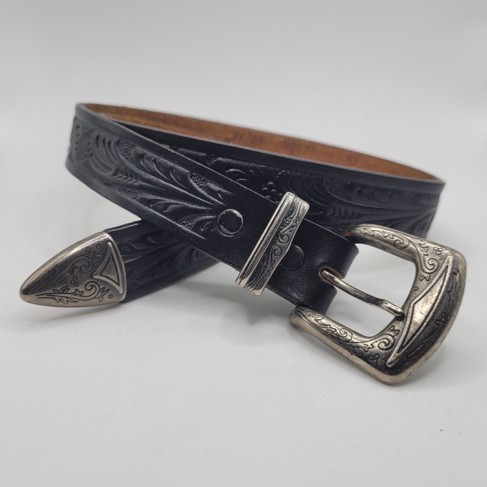 VTG Black Leather Belt 26 Tooled Western Silver Tone Buckle USA Cowgirl Rodeo